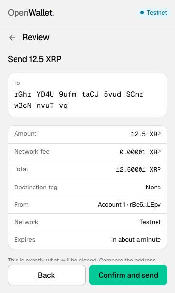 The review screen for sending 12.5 XRP.