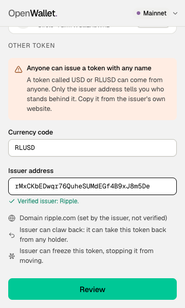 Adding RLUSD: the verified issuer, and the facts that Ripple can freeze and claw back RLUSD.