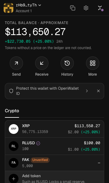 The OnWallet extension: a total balance, and XRP, RLUSD with a verified-issuer badge, and a token from an unverified issuer.